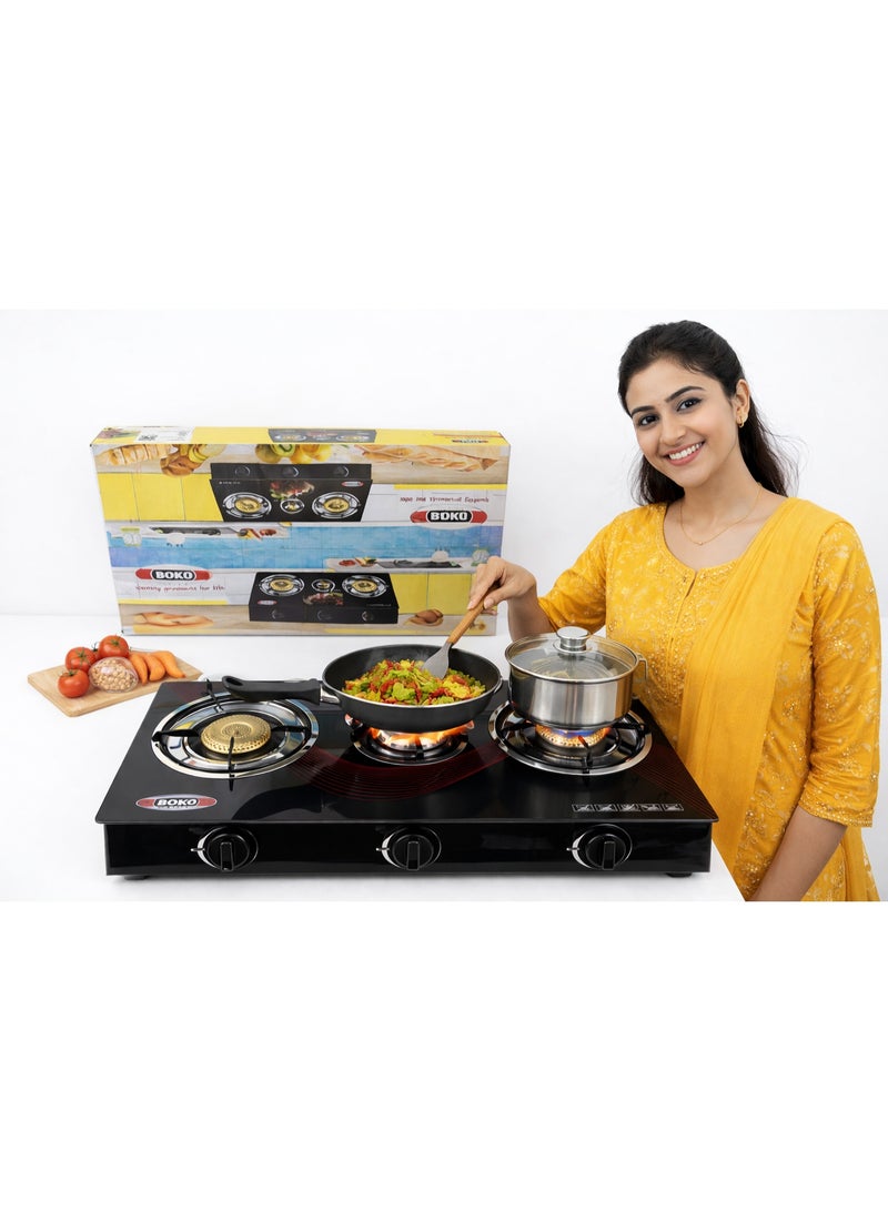 BOKO Double Burner Table Top Gas Stove with Brass Burners Energy saving flame technology, stainless steel body frame, smooth surface cleaning, compact storage size, strong pan supports, manual ignition system, safe and efficient cooking solution for modern kitchens. - Image 3